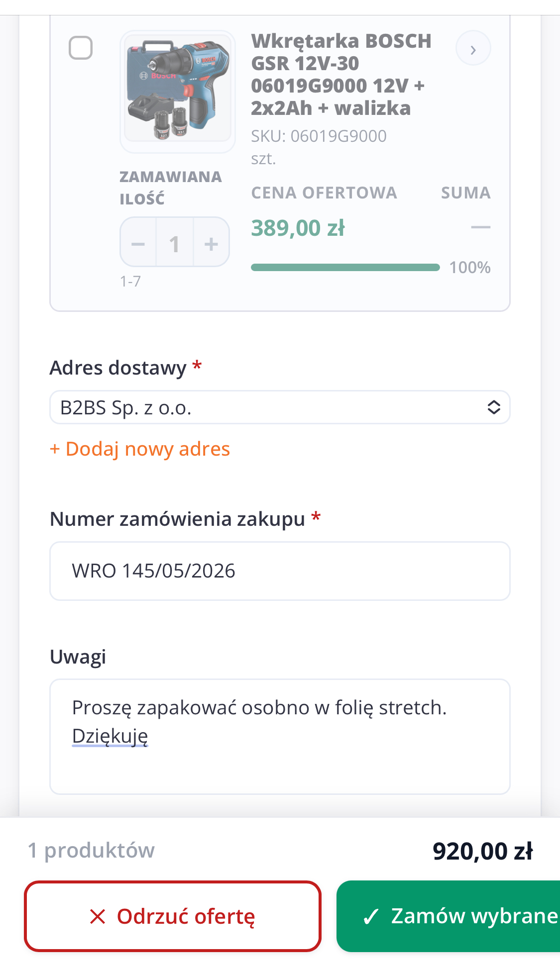 Adres dostawy, numer zamówienia, uwagi i akceptacja